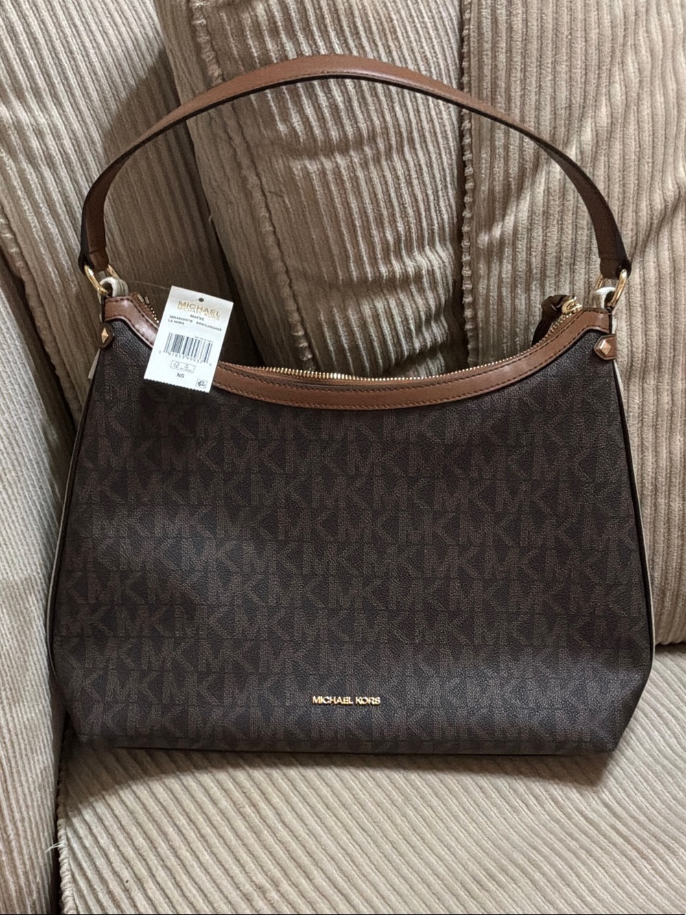 Michael Kors Chocolate Brown Logo Shoulder Bag with Tan Trim